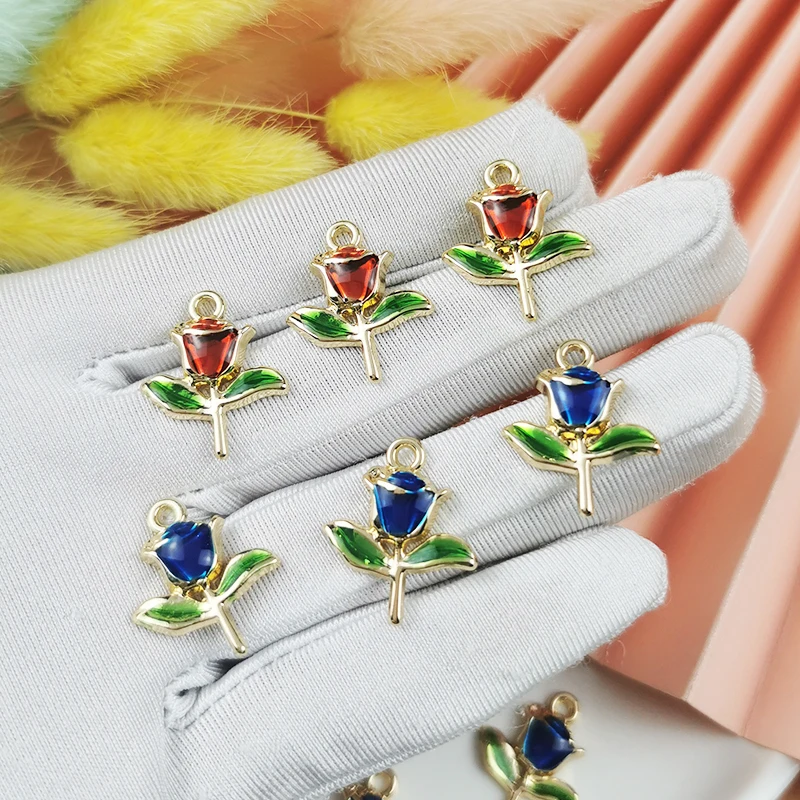 

JeQue 20pcs/Lot Zinc Alloy Charms Pendant Rose Flowers Enamel Coin Charms For DIY Jewelry Making Finding Accessories