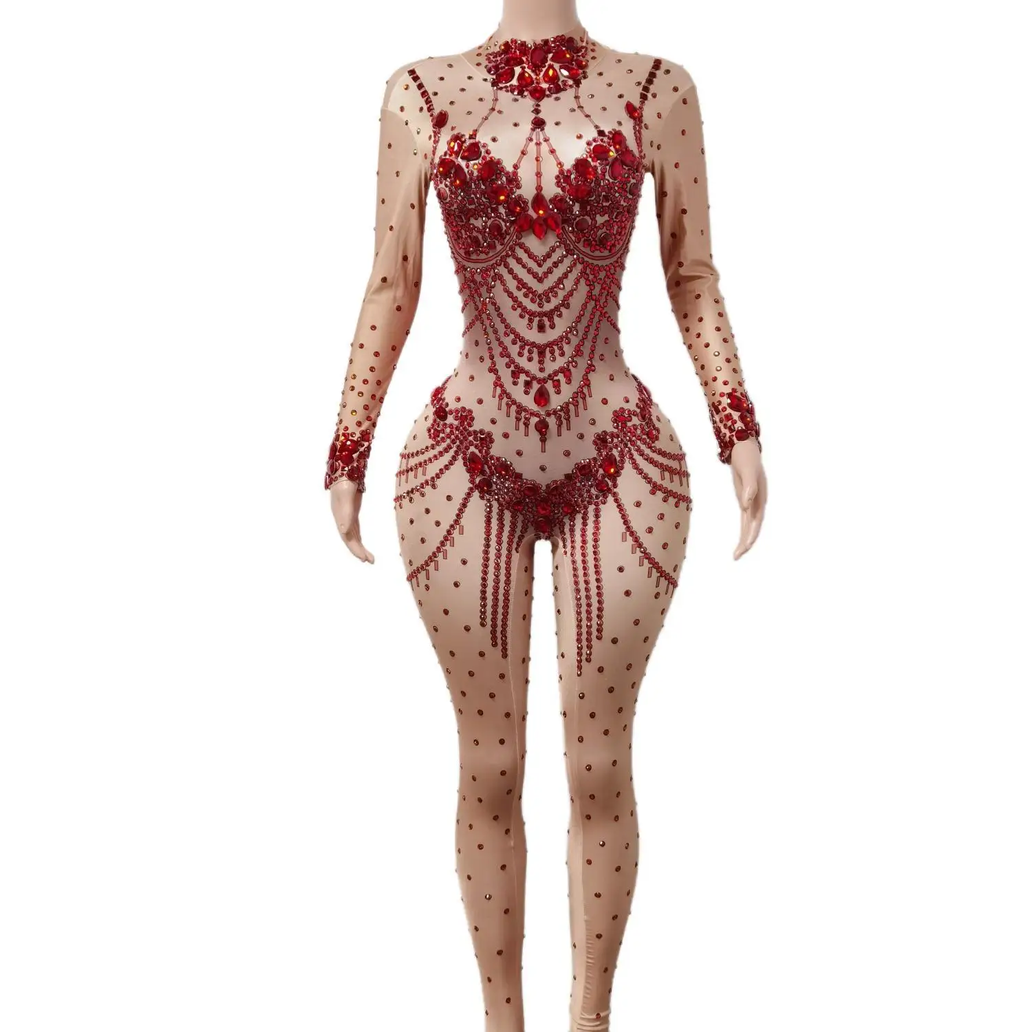 

Red Rhinestones Elastic Tights Nightclub Pole Dancing Women Jumpsuits Bar Ds Dancing Costumes Acrobatic Clothing