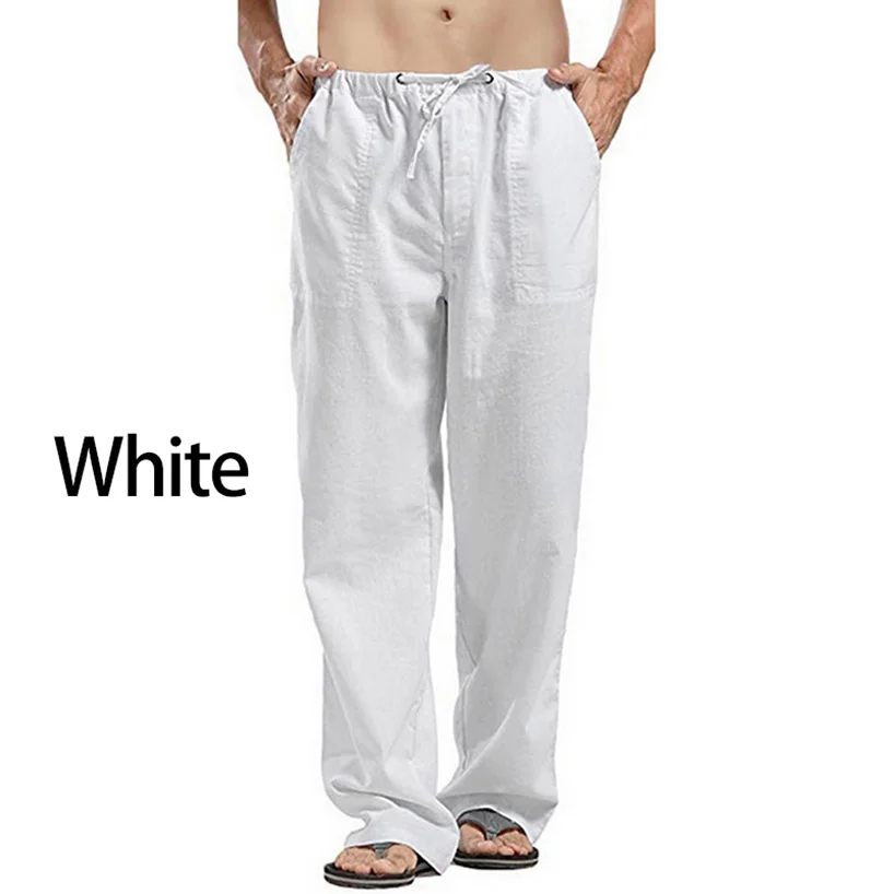 Summer Men Solid Color Linen Multi-Pocket Straight Casual Pants Plus Large Size Breathable Comfortable Drawstring Loose Trousers