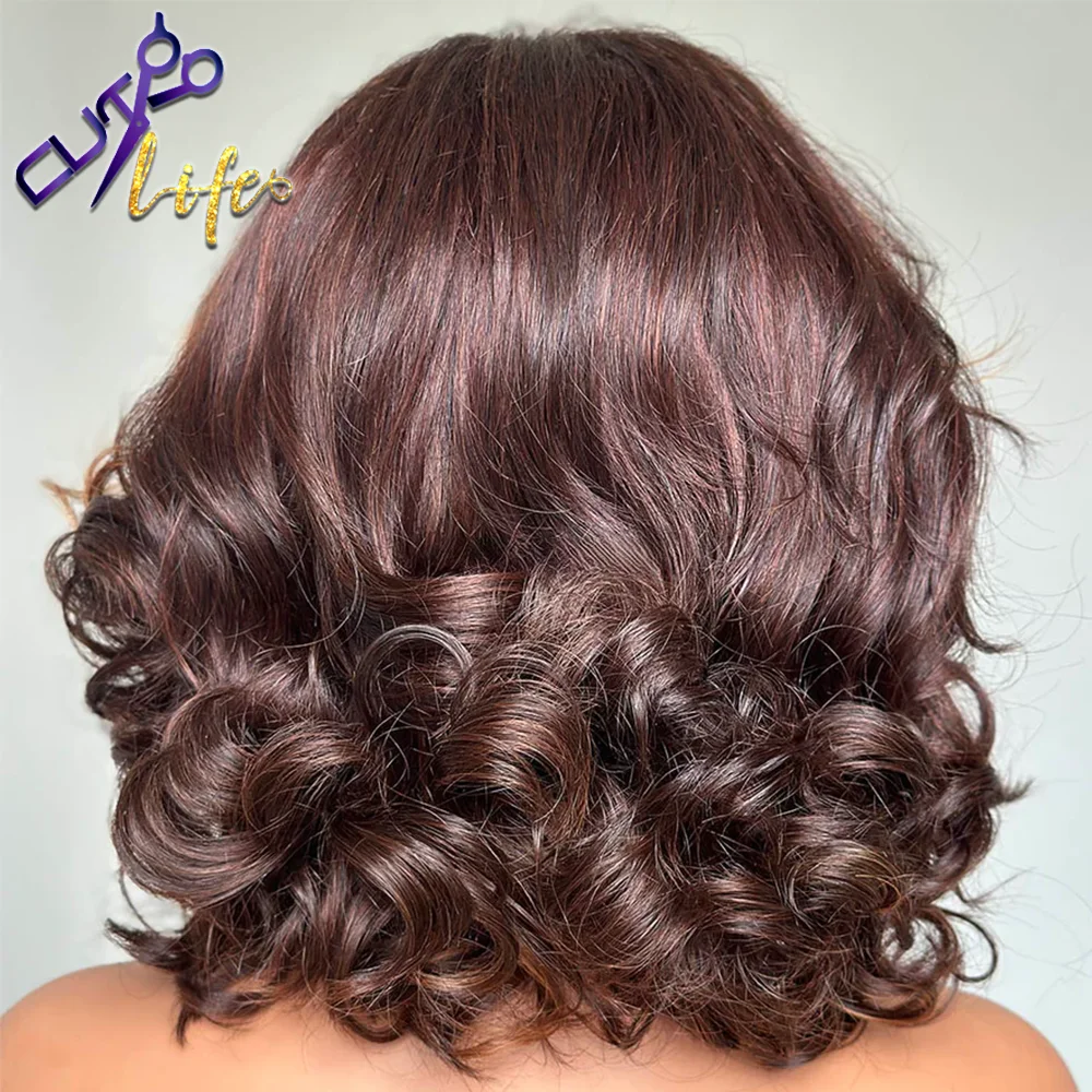 Glueless Side Part Layered Fluffy Bob Human Hair Wig Brown Highlight Wear to Go 5x7 Pre-Cut Lace Closure Remy Short Wave Wig