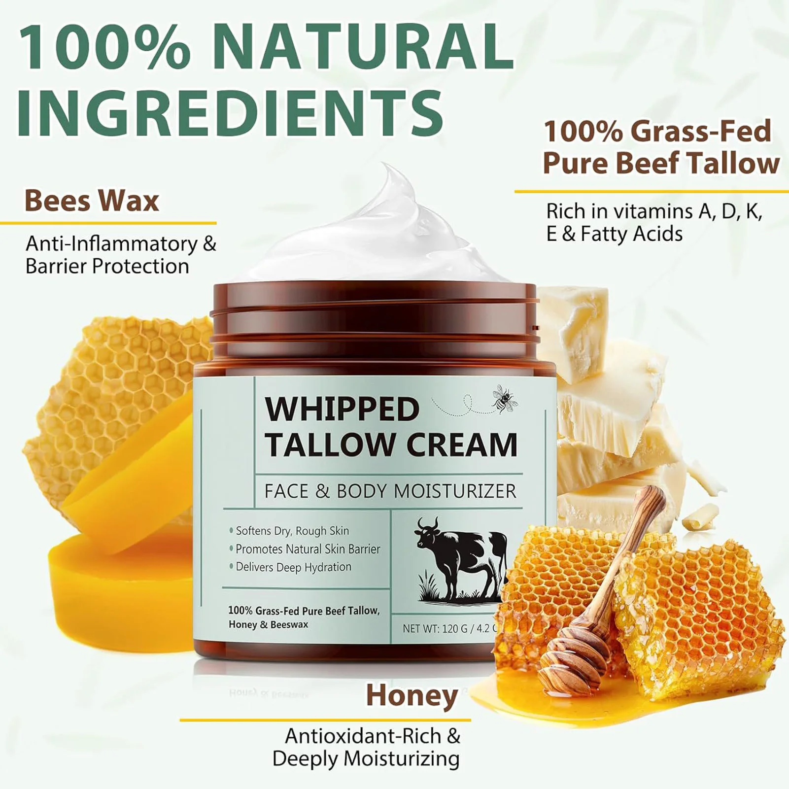 Organic Whipped Tallow & Honey Beeswax Deep Moisturizing Face & Body Cream, 120g