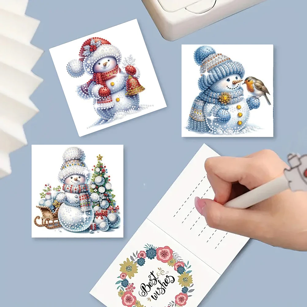 6Pcs Christmas Snowman DIY Diamond Painting Card Rhinestone Painting Card Kit Diamond Daily Wish Card for Holiday Party Favors
