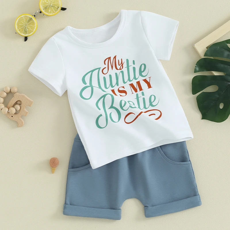 

Baby Boy Summer Clothes My Auntie Is My Bestie Short Sleeve T-Shirt Elastic Waist Shorts Set Casual Outfit