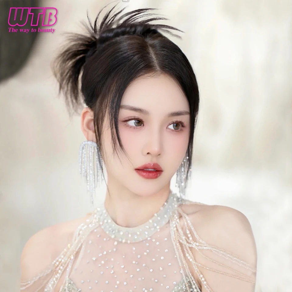 합성 닭 둥지 머리 가발, 높은 머리, 매콤한 소녀 볼 헤드, 닭 깃털 셔틀콕 분수, 높은 말 꼬리 가발