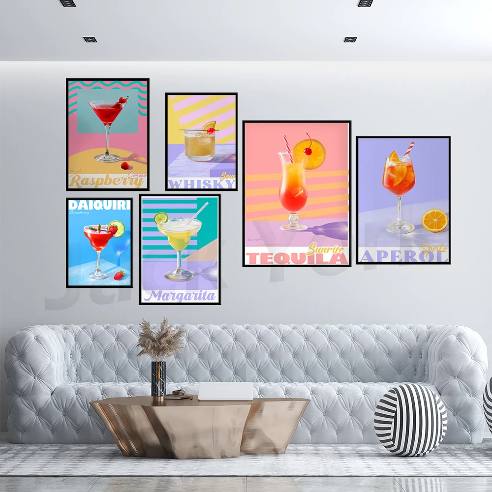 

Cocktails prints, 60's style Minimalist Bright Wall Art, Colourful Bar Prints, Vintage Retro Poster, Mid Century Modern Pop Art