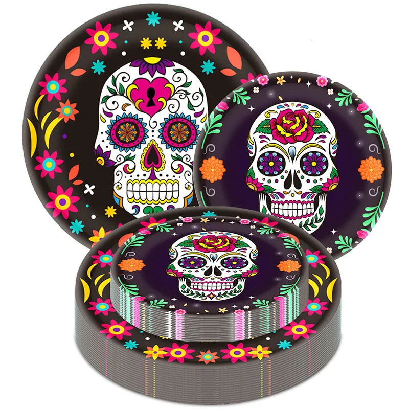 10pcs Mexican Day of the Dead Party Supplies Christmas Disposable Paper Plates Cups Death Day Halloween X-mas Party Decorations