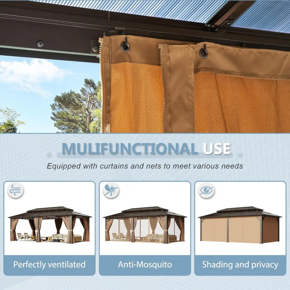 12'x20' Hardtop Gazebo, Aluminum Frame Permanent Pavilion with Curtains and Netting, Outdoor Polycarbonate, Gazebos 6