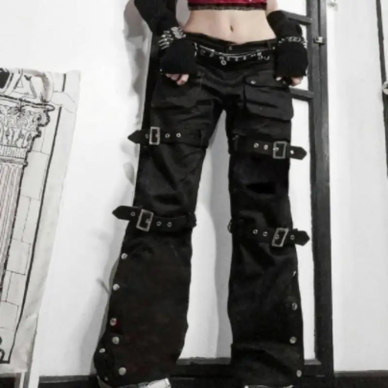 Women's Gothic Black Cargo Pants Aesthetic Harajuku Bandage