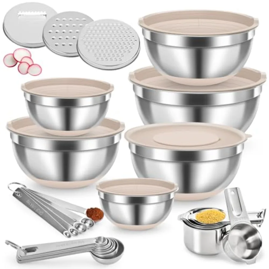 30PCS Mixing Bowls with Lids Set 7QT to 1QT Stainless Steel Nesting Bowls with Graters Non-Slip Silicone Bottom Large Khaki Bow