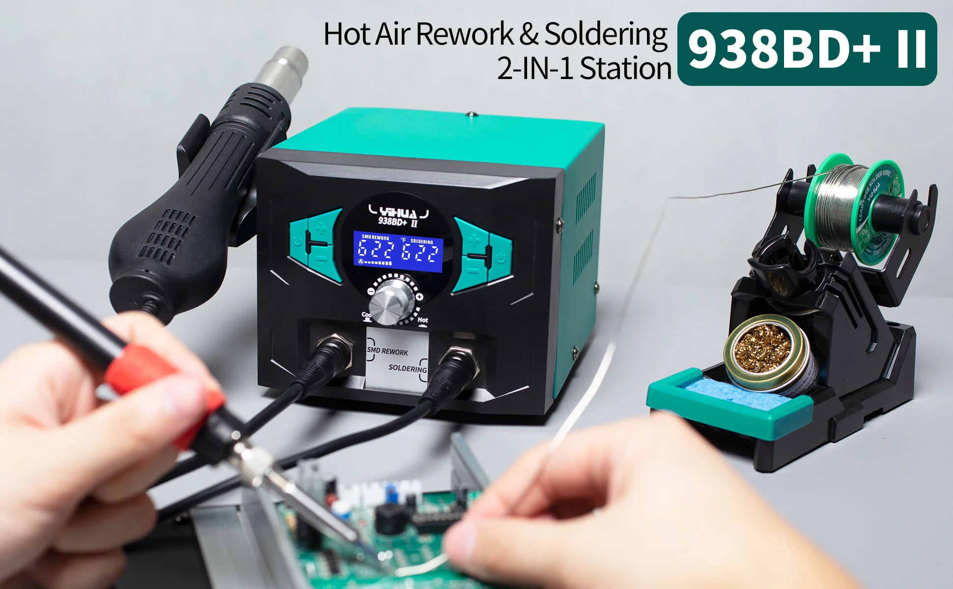 938BD+ II 2-in-1 Soldering & Hot Air Rework Station 212-896°F PID Sleep Mode Dig