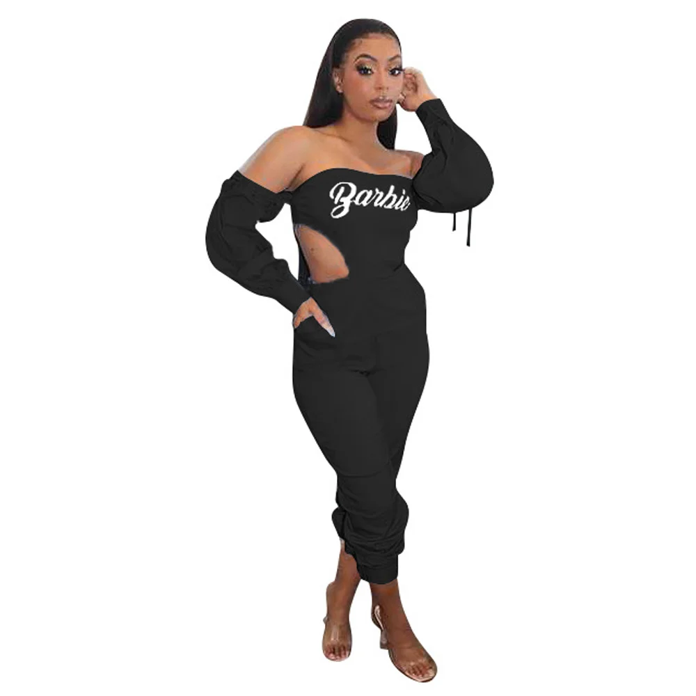 Off Shoulder Letter Print Women Jumpsuit Autumn Waist Band Cut Out Backless Bodysuit Streetwear Long Sleeve Long Playsuits 2023