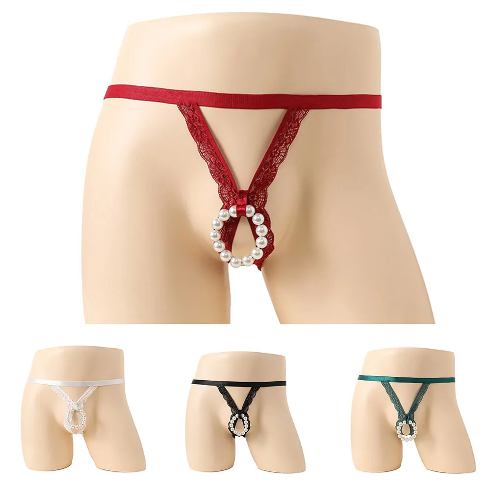 

Hollow Out Mens Sexy Lace G-string Thongs O-ring Man Open Butt Crotchless Panties Beaded Jockstrap Male Underwear Sissy Briefs