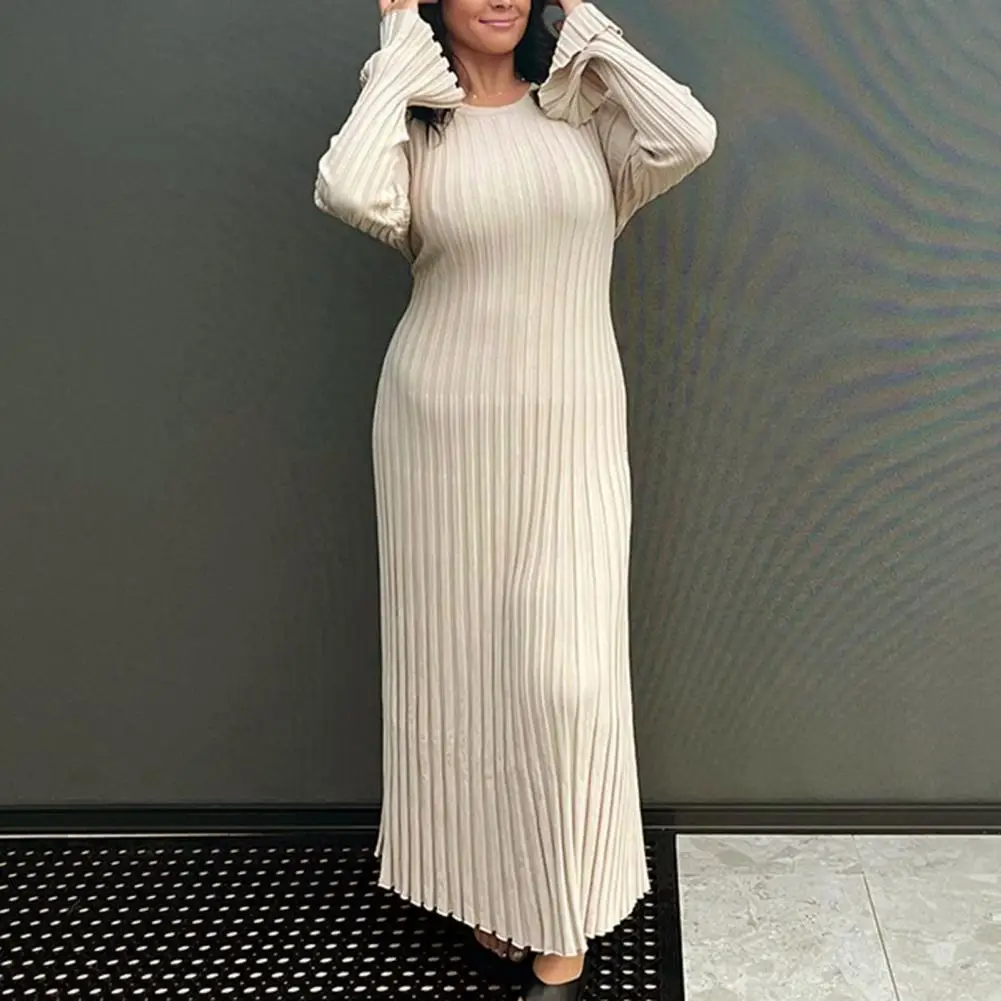 

Elegant Knitted Pleated Maxi Dress Round Neck Long Sleeve Slim Fit Cocktail Wedding Party Dress For Women