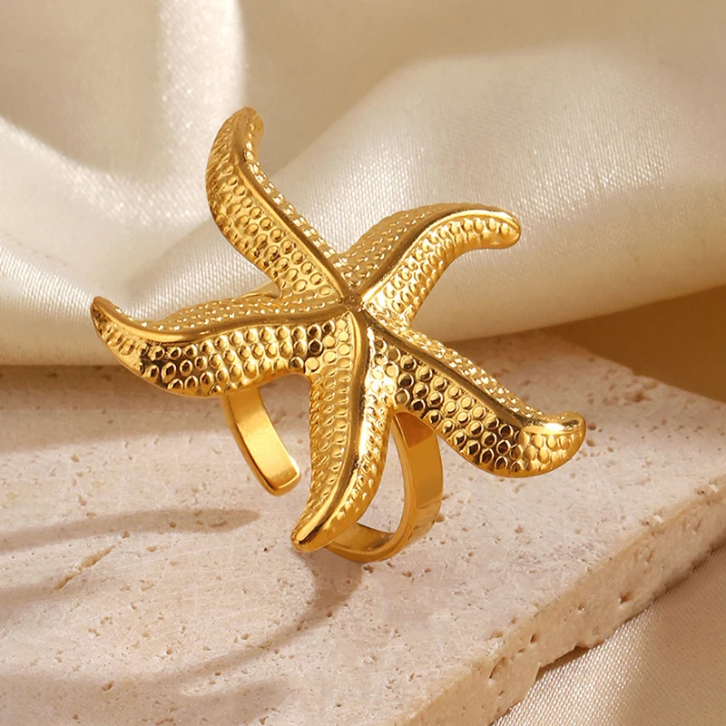 GANPUP 316L Edelstahl Metall Übertriebener Seestern Offener Ring für Frauen Neue Wasserdichte Fingerringe Schmuck Urlaub Geschenke – Detail 6