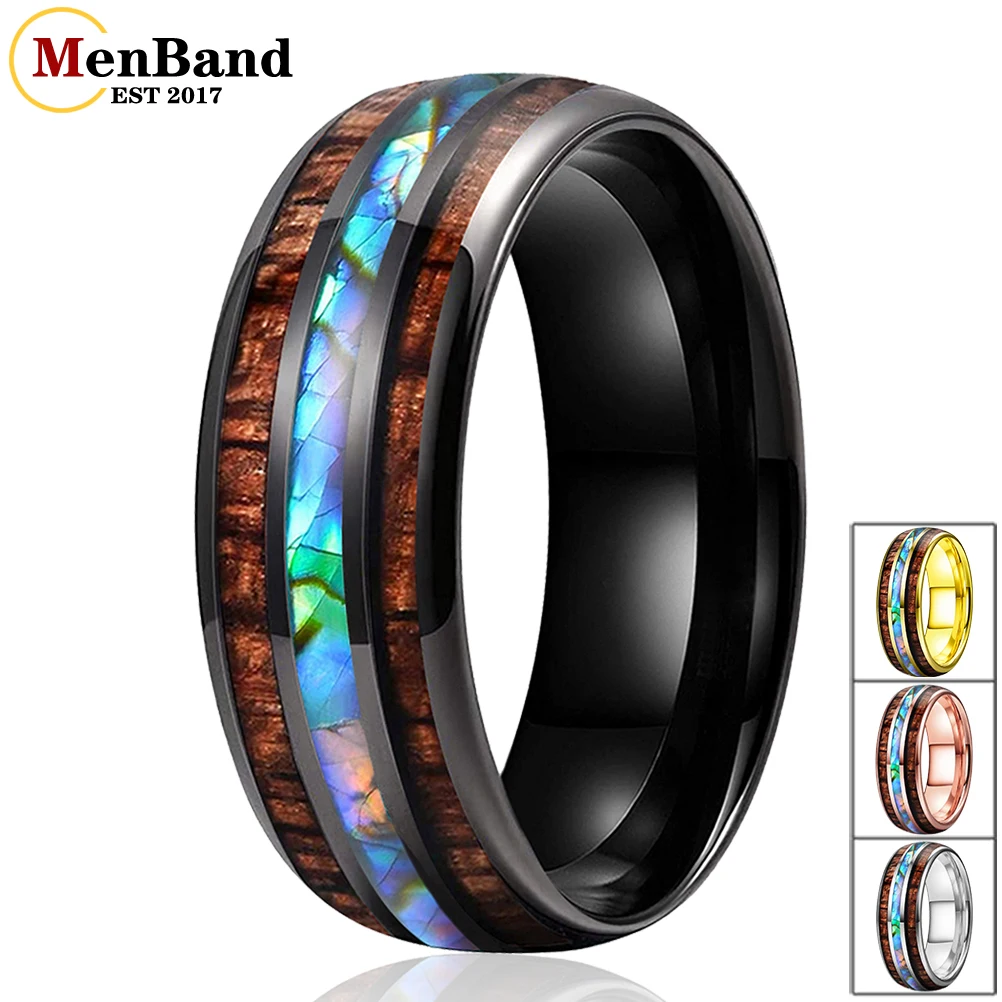 MenBand Fashion 8MM Men Women Black Tungsten Carbide Wedding Ring Abalone Shell And Koa Wood Inlay Domed Polishing Comfort Fit personalized wedding ring box custom ring holder wood book ring box jewelry bearer rustic valentine wedding gift engagement box