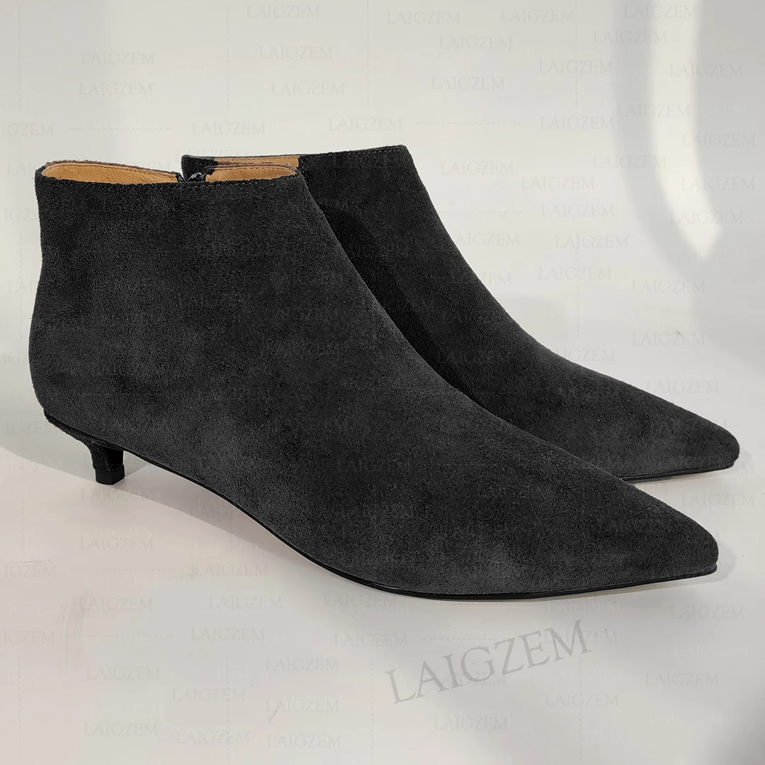 SHODENSE Women Black Kitten Heel Slouch Ankle Boots Suede Square Toe Ankle Booties Zipper Pleated Short Boots 3 Inch Kitten Heel Dress Booties Mid Calf Comfort Retro Chic Office Matte