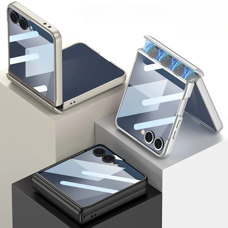 Magnetic Hard Shell Phone Case with Hinge Protection and Tempered Film Protector Cover