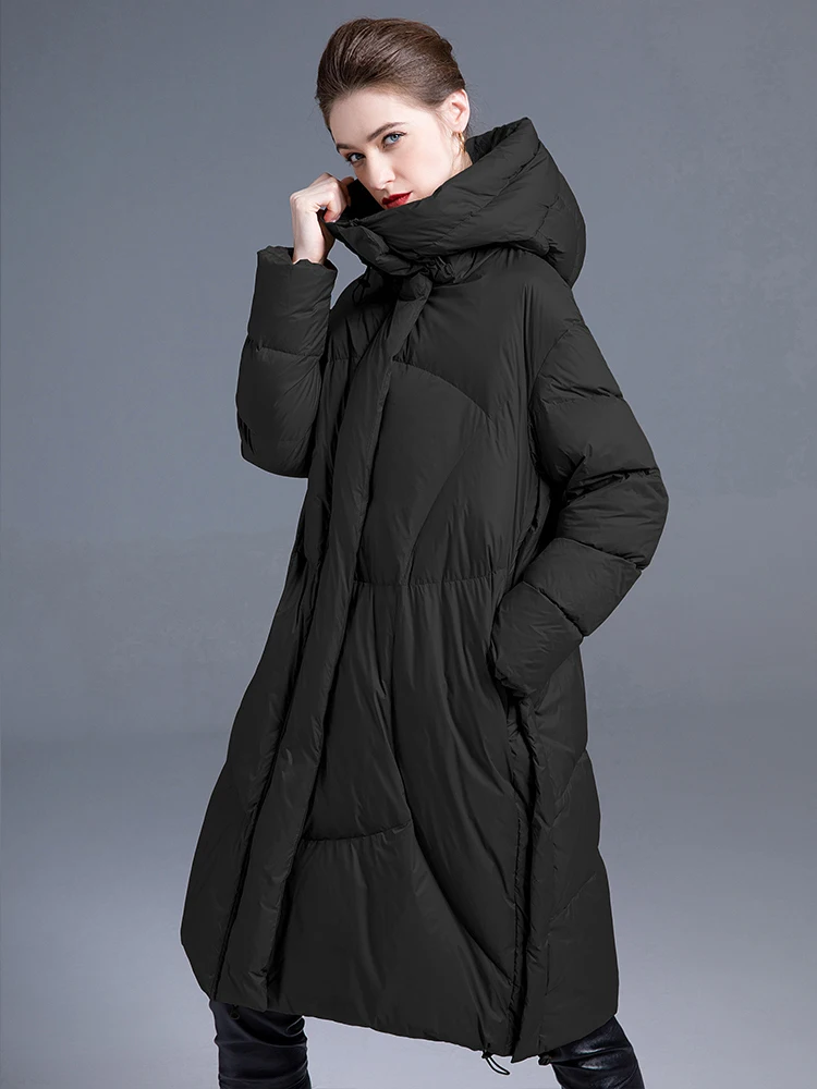 High quality Long down jacket Oversized Women Winter Elegant Warm Hooded knee length coat 2024 New clothing Solid INKEO 3O289