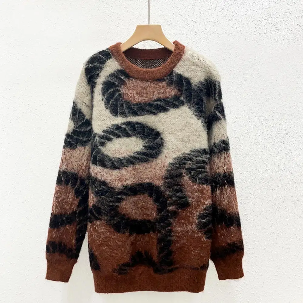 

Mohair Lazy Wind Rope Jacquard Gradient Round Neck Retro Loose Sweater Women Fashion Brand Spring New Knitwear Coat