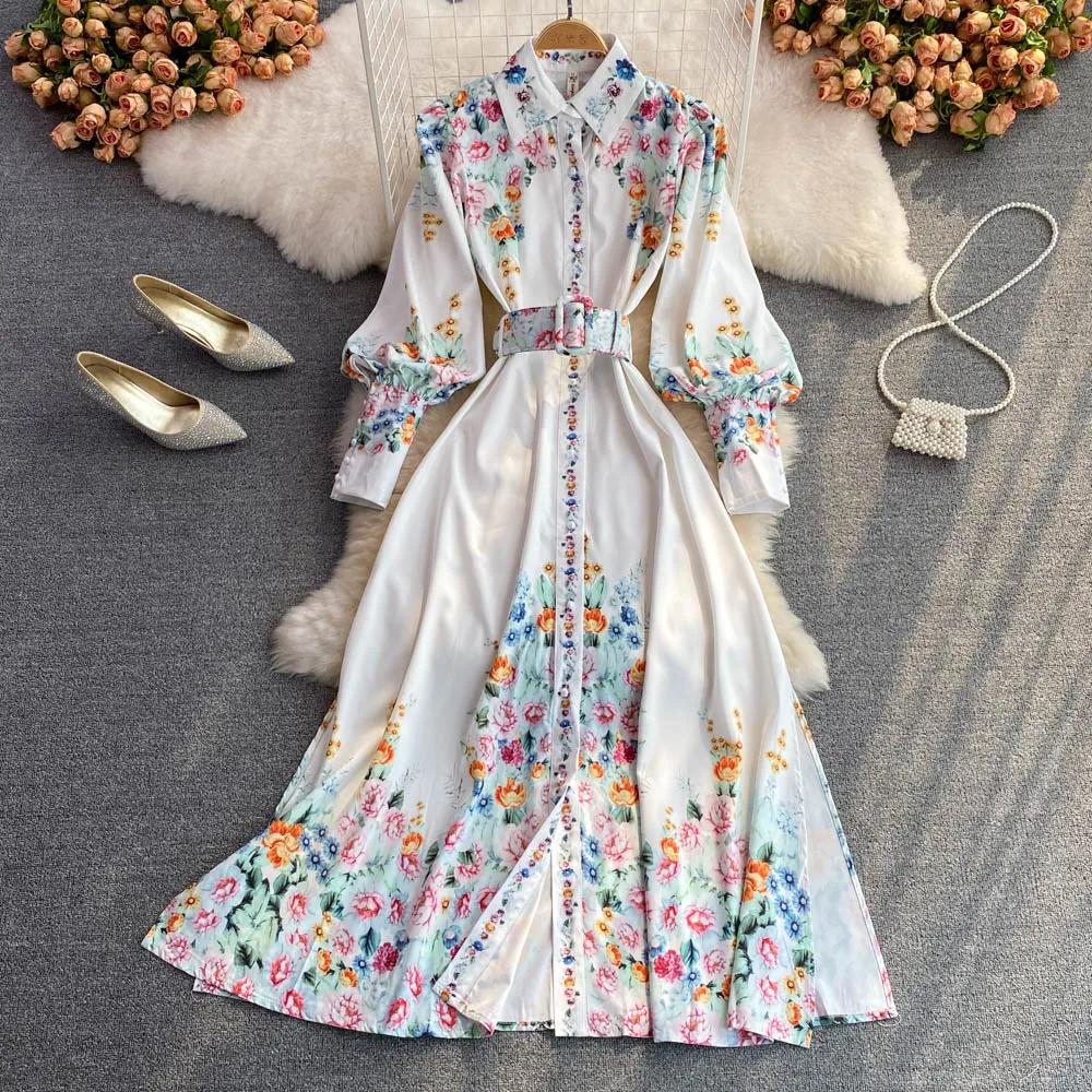 

Australian Minority Retro Holiday Style Lapel Single Breasted Printed A-line Dress Elegant Temperament Large Swing Long Dress