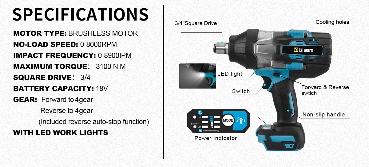 3100N.M Torque Brushless Electric Impact Wrench 3/4 inch Cordless Electric Wrenc