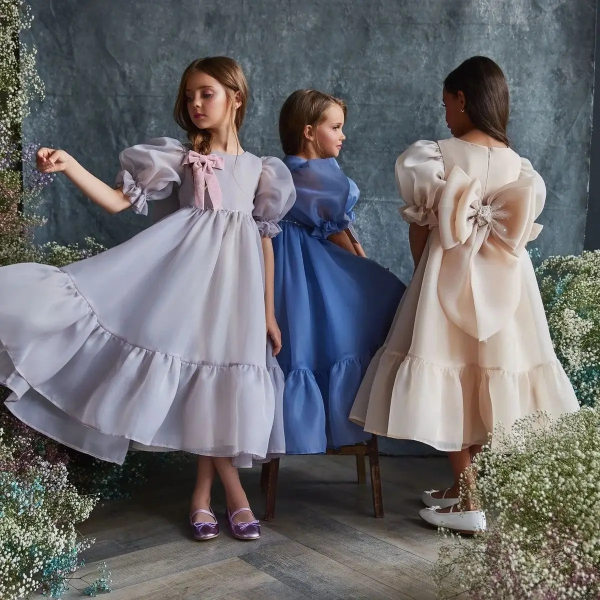 

Tea Length Flower Girl Dresses For Weddings A-line Short Sleeves First Communion Dresses For Girl Little