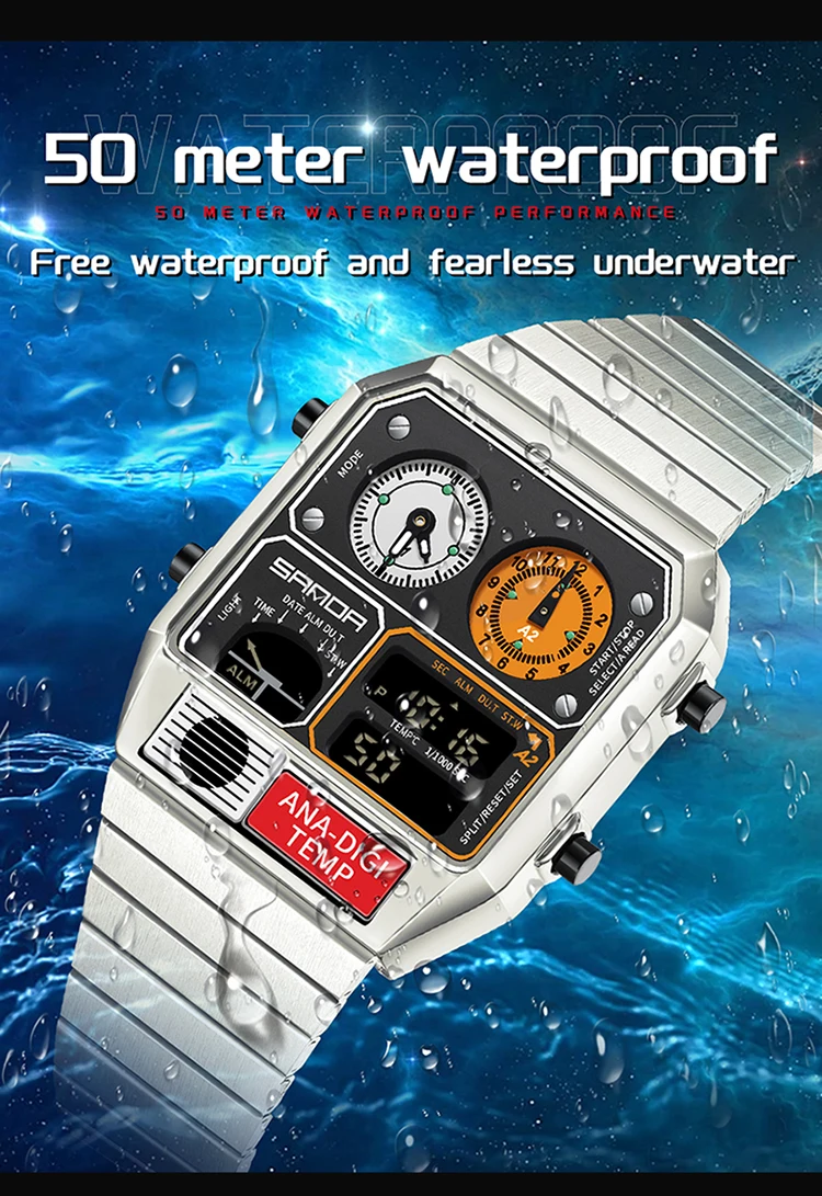 SANDA Electronic Watch Men Square Steel Band Digital Wristwatch Temperature Measurement Stopwatch Timing Multifunctional Watch