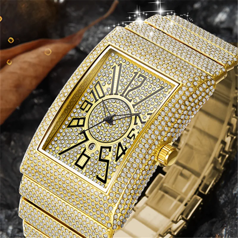 Men Big Brand Golden Watches Famous Luxury Hip Hop Diamond Date Rectangular Quartz Watches Relogio Masculino Grandes Quadrados