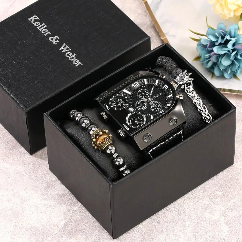 New Fashion Casual Men Quartz Wristwatches Bracelet Gift Set for Boyfriend Luxury Black Big Dial Original Gift Box Reloj Hombre 1