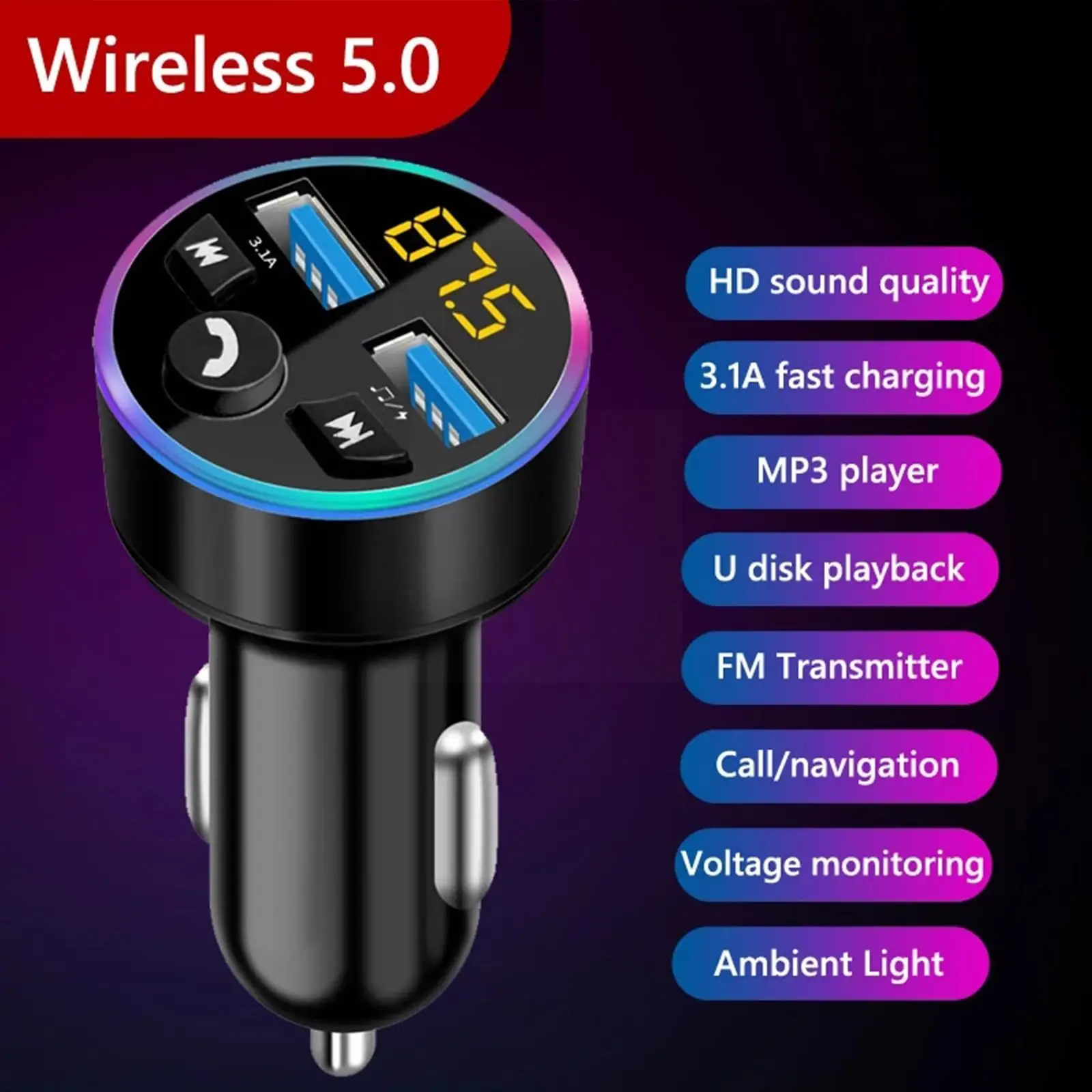 BT Fm ⷹ 2 Ʈ QC3.0   ڵ MP3 ÷̾ ű, 3.1A FM DC12-24V ,  I2J3, 1 