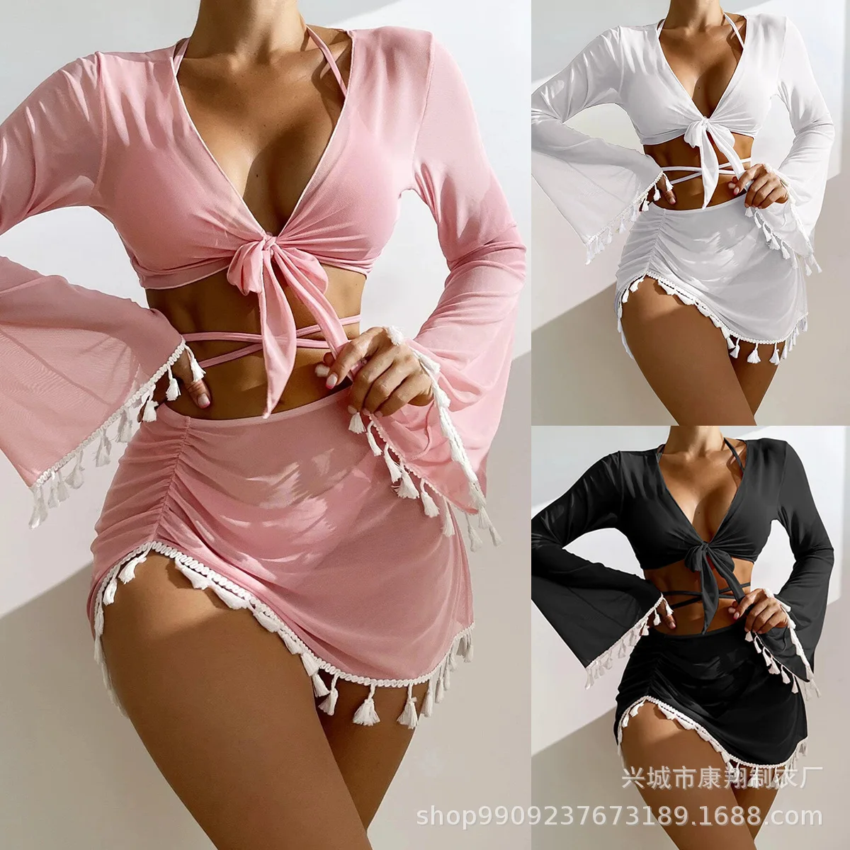 

2023 summer new European and American swimsuit women split three or four sets of solid color fringe lace-up long sleeve ins net