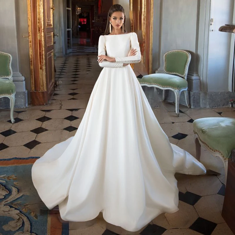 

Женское атласное платье It's yiiya, белое элегантное платье-трапеция с вырезом лодочкой, длинными рукавами и V-образным вырезом на лето 2019