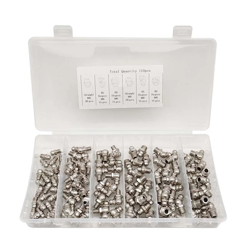 110Pc SAE Grease Fittings Kit M6 M8 1/4" 1/8" Straight 45 90 Degree Metric Fittings Nipples kit Galvanized Steel Grease Zerk Kit car accessories auto fasteners auto accessories