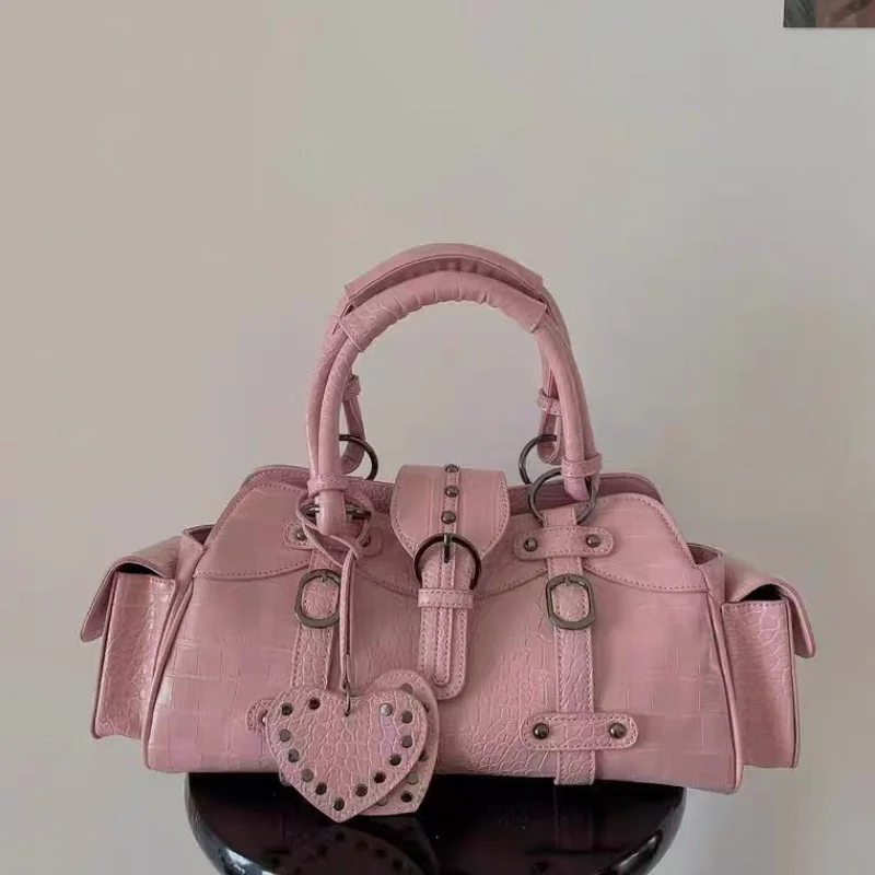 Women Shoulder Bag Xiuya Vintage Biker Shoulder Bag Y2k Hippie American Street Style Heart Rivets Pink Handbag