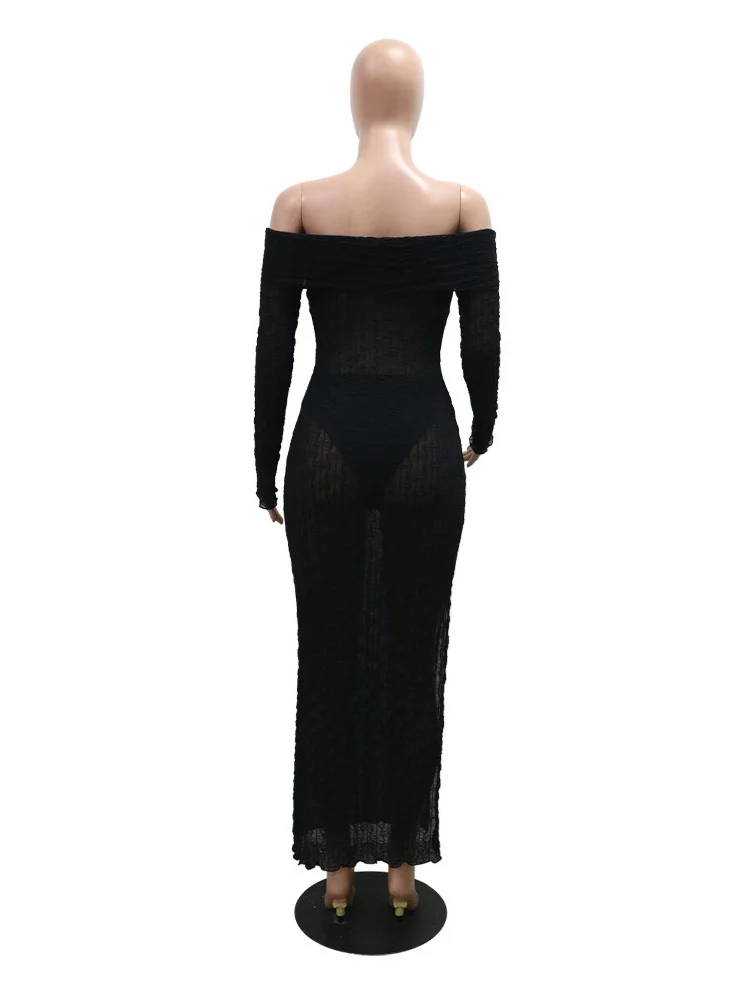 Wmstar Women Dress Summer Sexy Perspective Slim Fashion Nightclub Style Slash Neck Long Sleeve Perspective Knitted Slit Dresses
