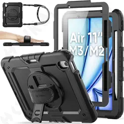 Heavy Duty Rotating Shockproof Case with Stand and Strap in Black for iPad Air 13 2025 (Black)