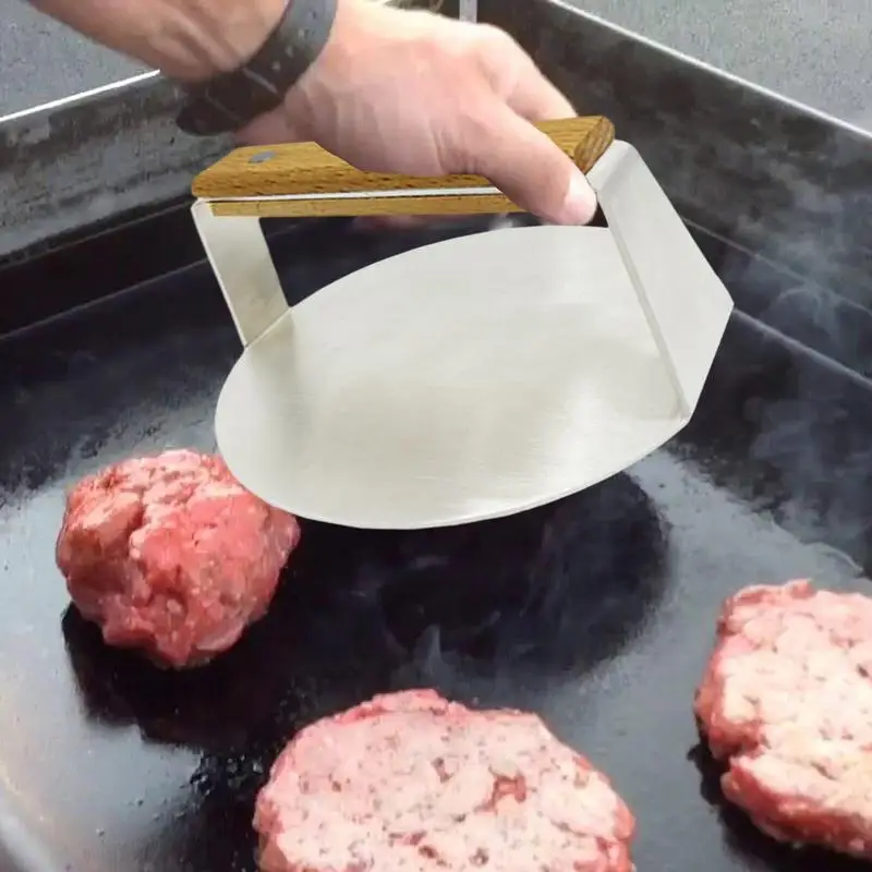 Griddle Burger Press Stainless Steel Grill Press With Wooden Handle Round Smashed Burger Hamburger Smasher Tool For Flat