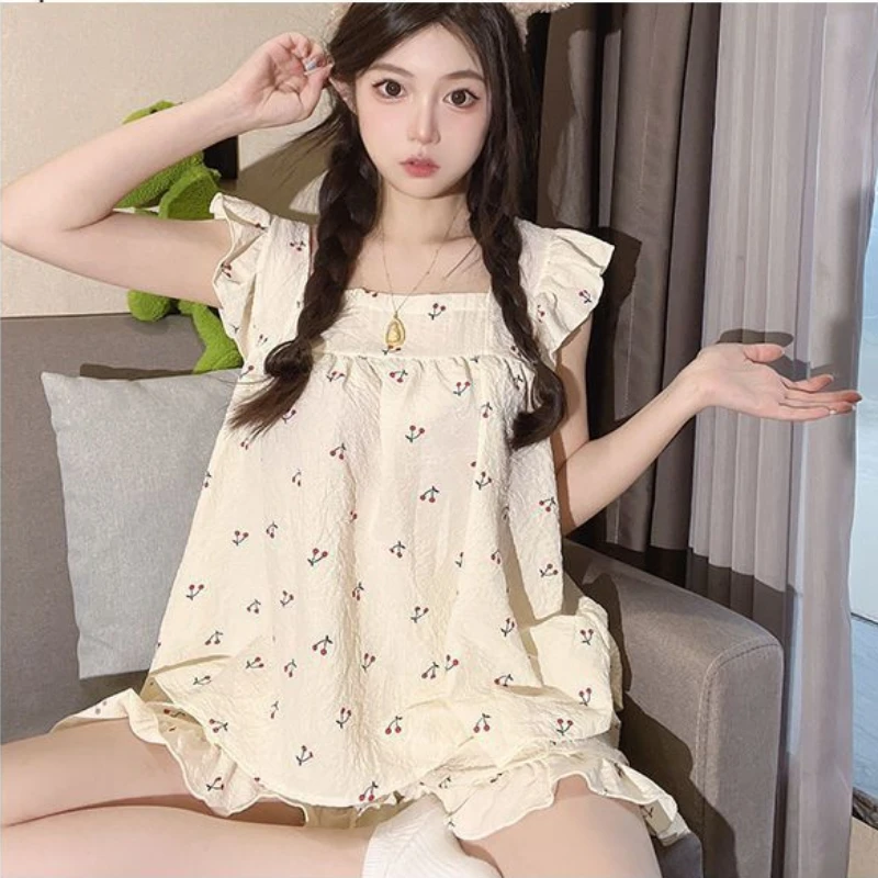 Sleepwear Women Summer Pajamas Sets Sweet Ruffle Tops Shorts Cartoon Print Loungewear Nightwear Japanese Two Pieces Pajamas