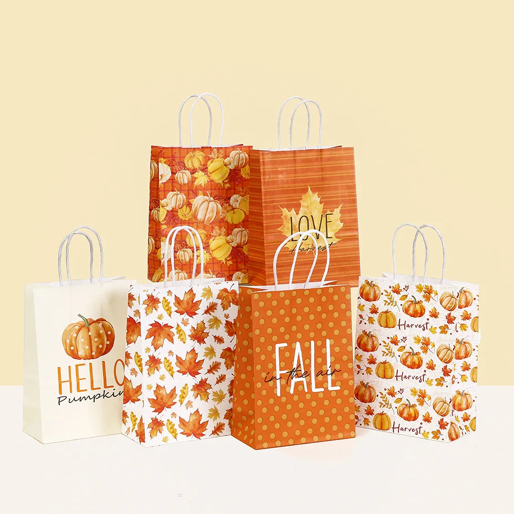 Autumn Pumpkin & Maple Leaf Kraft Paper Gift Bags for Candy, Sweets, Cookies, Party... - SKU KPGB1129 - UGI Packaging