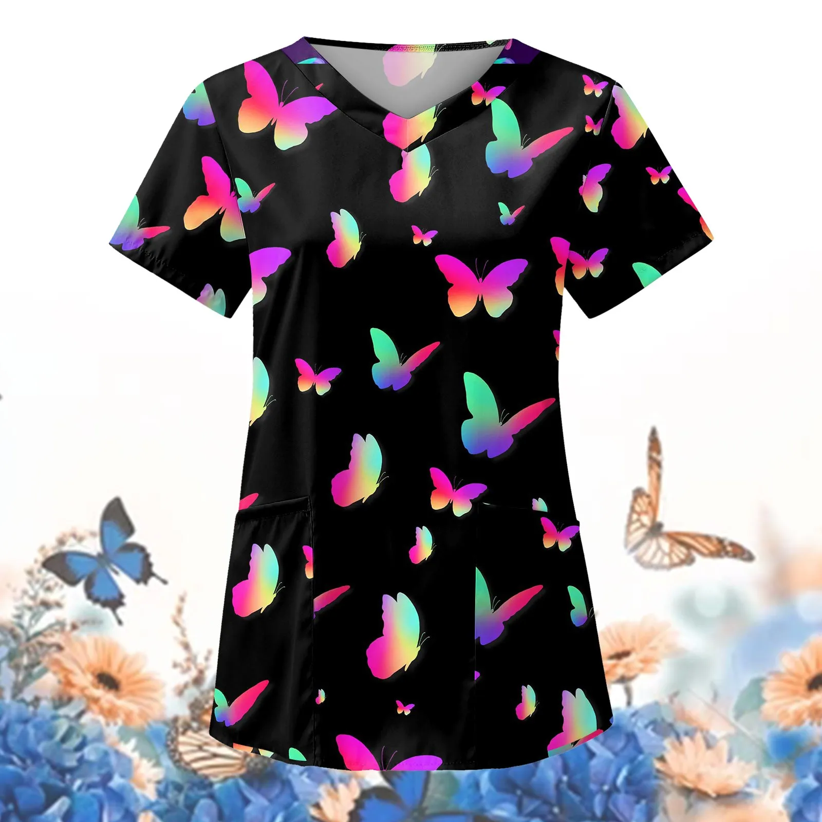 Nurse Uniform Women Short Sleeve Tops Working Uniform Blouse Butterfly Print Workwear Scrub Nursing Working Clothes