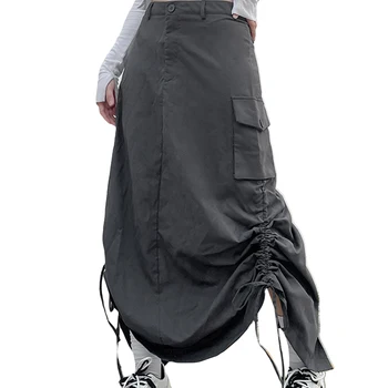 hirigin Retro Women Long Cargo Pocket Baggy Skirts Side Drawstring Low Rise Solid Pockets Hip Hop Straight Skirts Y2k Streetwear