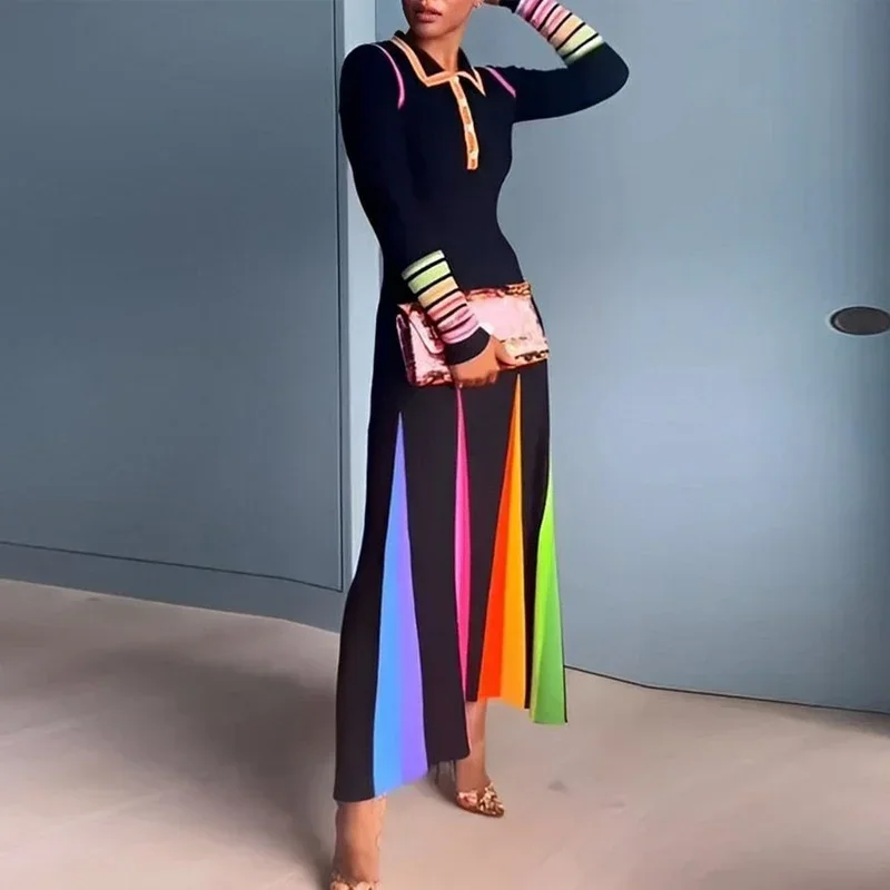 

Long-sleeve Casual Rainbow Striped Patchwork A-Line Dresses Women Long Robe Fashion Little Lapel Slim Fit Loose Swing Maxi Dress