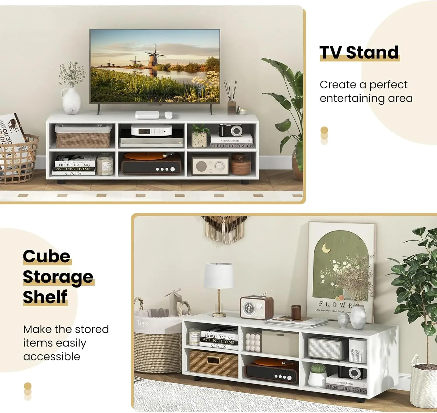 White TV Stand. Bedroom. TV up to 55". Media Center. Storage. 5-Position Shelves. Wood Console. Living Room. 6-Cubby. 45".