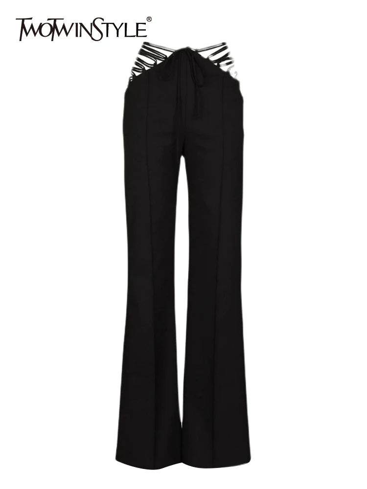 

TWOTWINSTYLE Black Cut Out Wide Leg Pants For Women High Waist Bandage Solid Minimalist Trousers Female Spring Clothes Style New