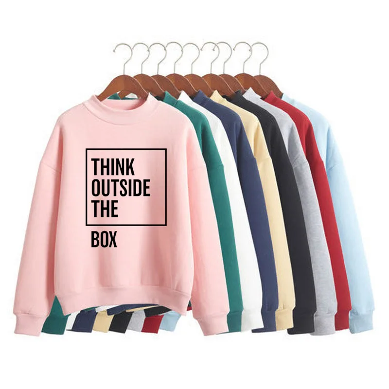 

Think Outside The Box Print Woman Sweatshirt Korean O-neck Knitted Pullovers Thick Autumn Candy Color Loose Women Clothing