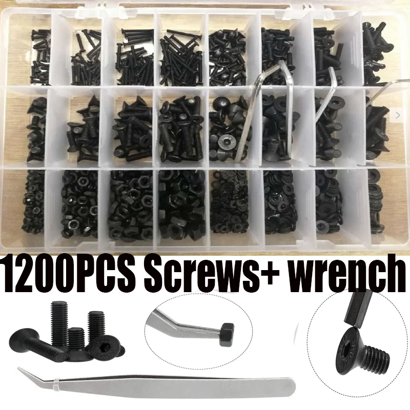 

1200pcs M2 M3 M4 M5 Flat Screws Countersunk Screws Washers Nut Set With Hexagon Socket Carbon Steel Nut and Bolt set