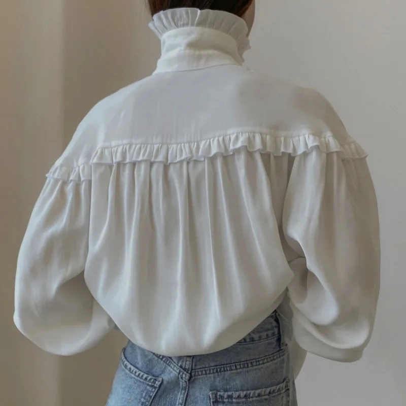 Camisas sueltas con volantes para mujer, primavera 2025, camisa blanca de cuello alto de manga larga para mujer, camisa informal de calle de gran tamaño para mujer
