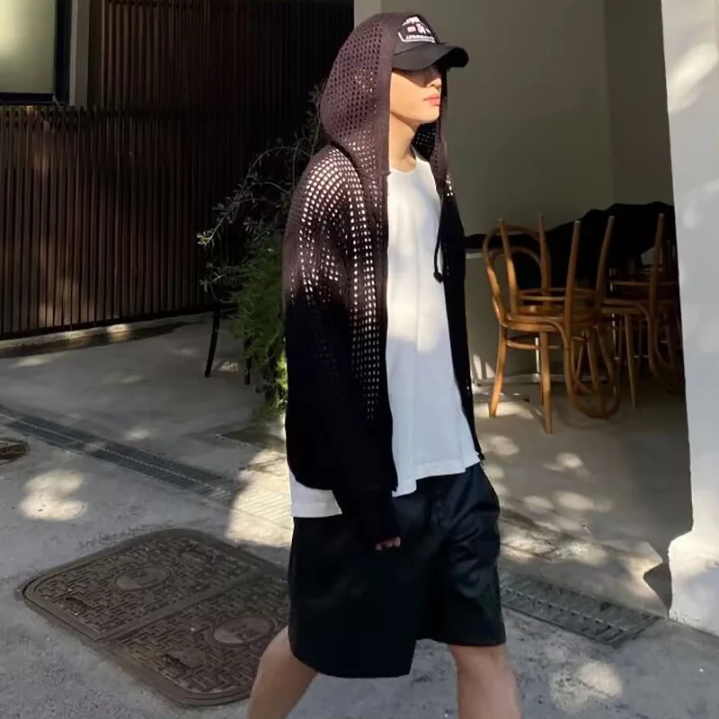 Summer Korean Trendy Hollow Coats Mens Casual Cardigan Sweater Breathable Lightweight Hooded Knitted Sweater Streetwear Clothes