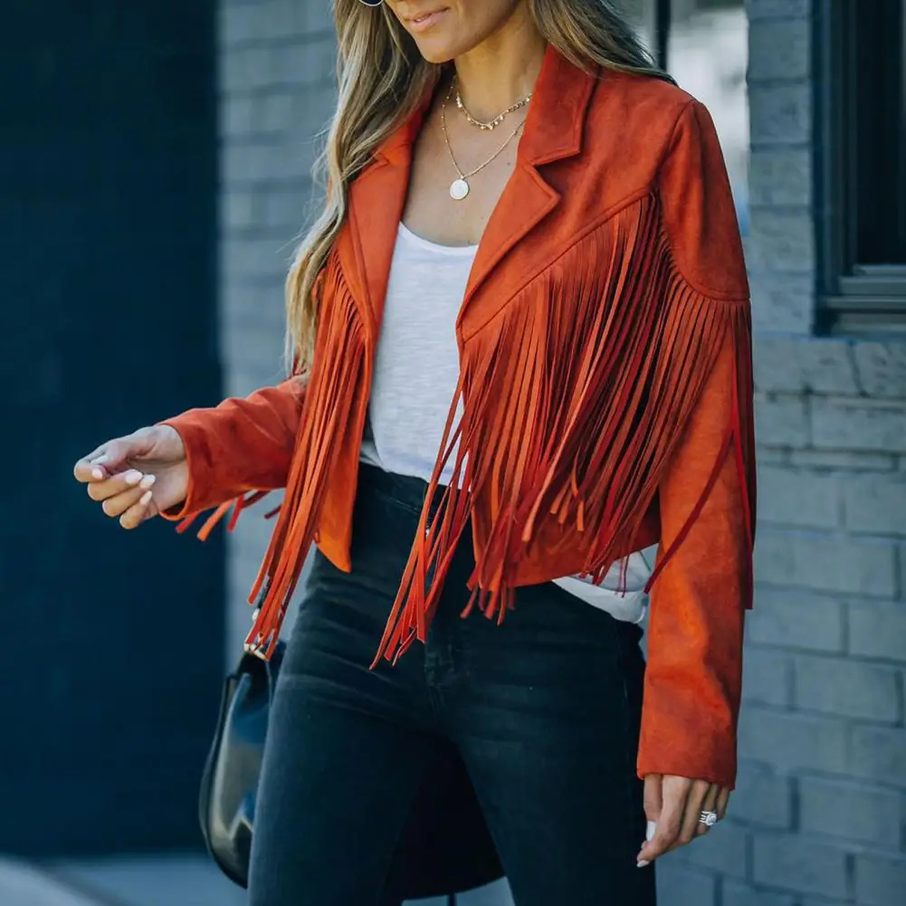 

Ladies Fall Spring Coat Fringe Tassel Solid Color Long Sleeve Notch Collar Cardigan Slim Fit Short Type Lady Jacket