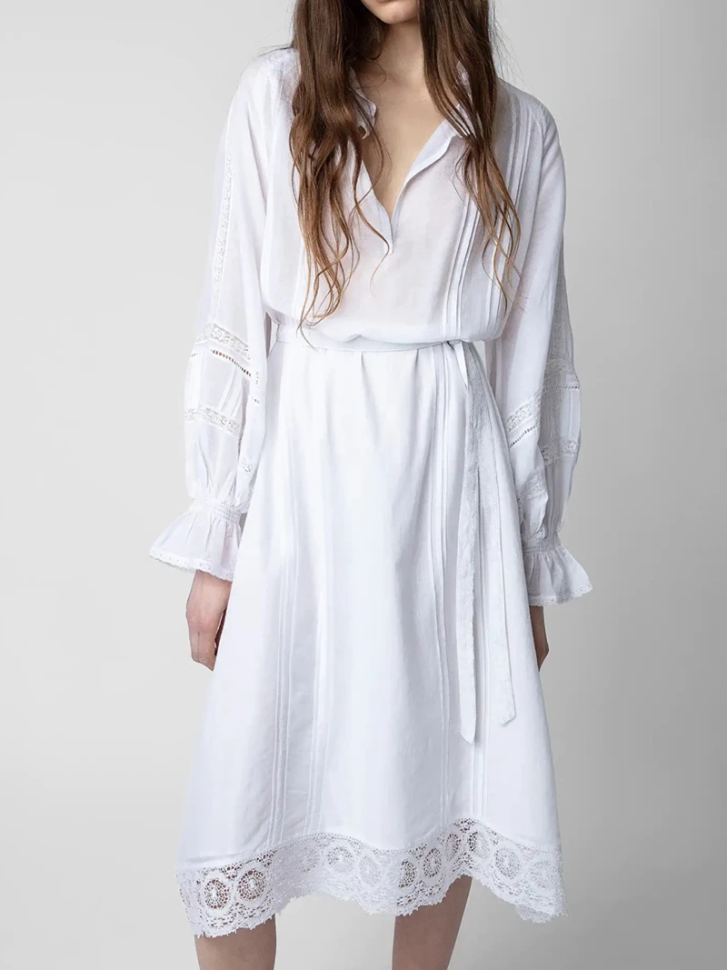 

Women's Dress 2024 Spring/Summer New Design Feeling Lace Collar Lantern Horn Sleeves White Black Pure Cotton Belt Long Dress